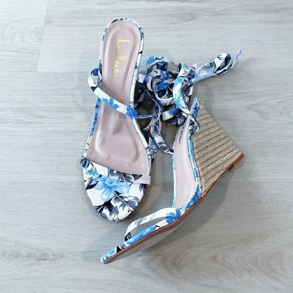 NEW Lulu’s Gulee Blue Floral Lace Up Espadrille Wedge Sandal Size 11 - Picture 3 of 14